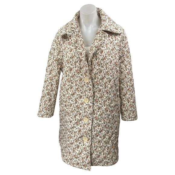 Cider White Multicolor Floral Button Quilted Puffer Over Coat Blazer Jacket Sz S - Picture 1 of 4